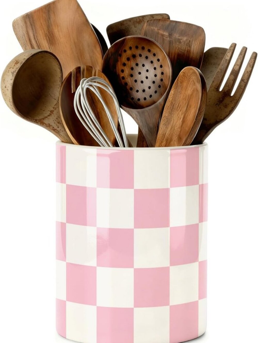 Chic Pink & White Checkered Ceramic Utensil Holder - Rustic Farmhouse Kitchen